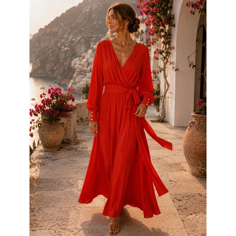 Meghan Los Angeles LilyPad Flame Wrap Maxi Dress 2XL Resort Vacation Glam